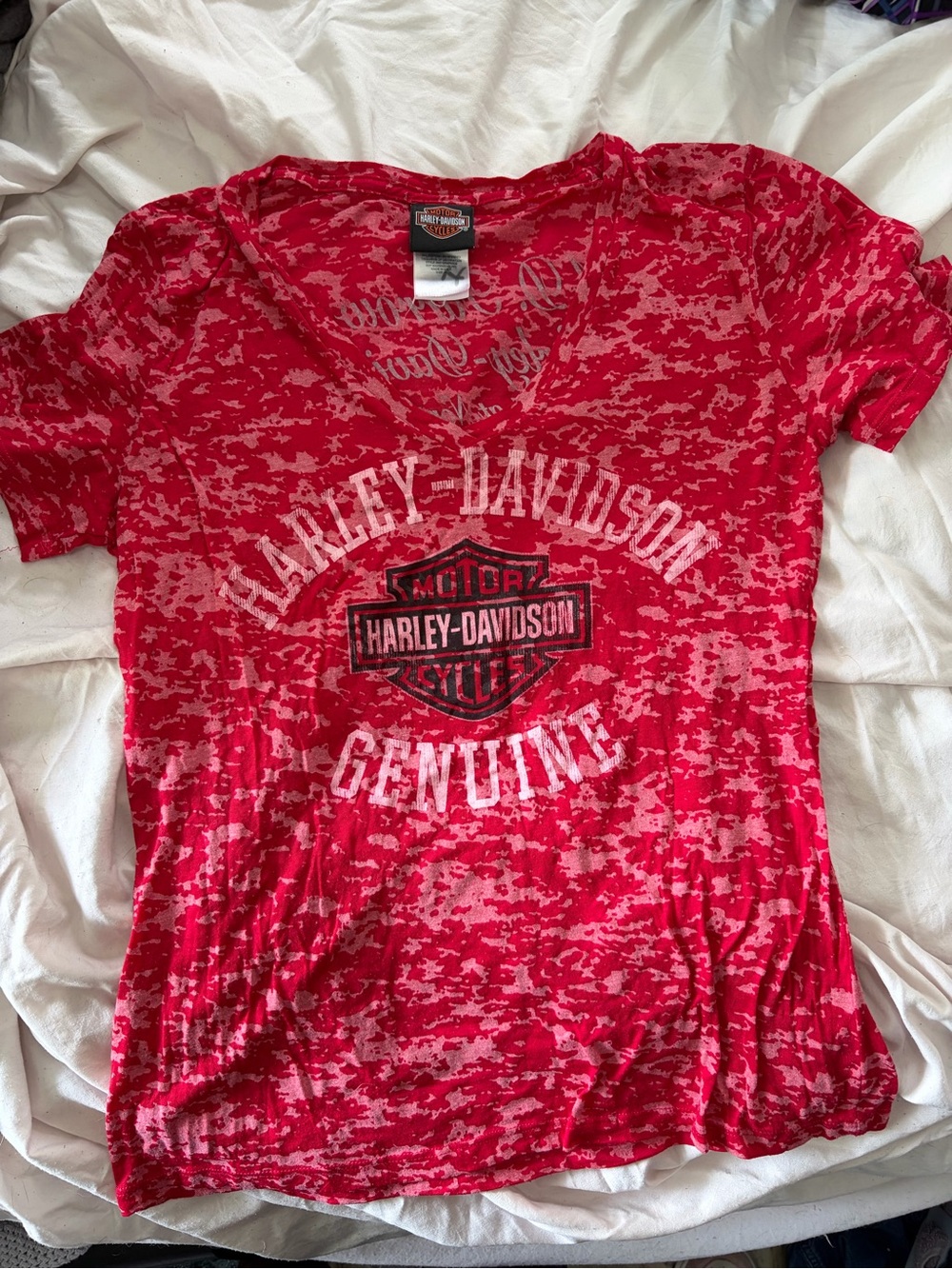 Harley-Davidson Red Camo V-Neck Tee with Shield Graphic